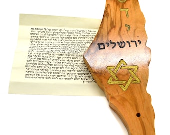 Olive wood Mezuzah Israel shape cutout with non Kosher scroll and engraved with the Shadi God Name Jerusalem and Star of David hand painted.