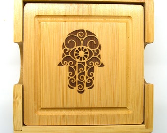 Hamsa Hand wooden engraved coasters bamboo set with holder for good luck and protection