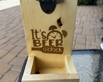Wooden beer bottle opener handmade with engraving it’s time for beer and cheers