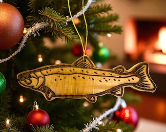 Wooden salmon fish Christmas ornament hand crafted from cedar wood fishing gift personalized with your name engraved on the back