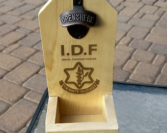 Wooden beer bottle opener handmade with Hebrew IDF Israel defense forces