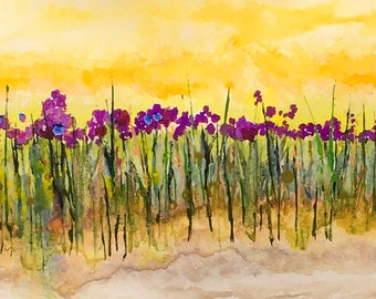 Purple flowers in a field Original Watercolor Painting