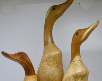 Hand Carved Bamboo Wooden Duck Family Indoor Outdoor Natural