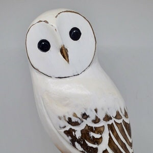 Hand carved and painted wooden Snow Owl Statue Ornament Gift feature on log