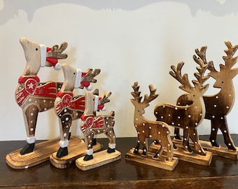 Set of 3 handmade wooden reindeer Christmas wood natural decorations carving festive