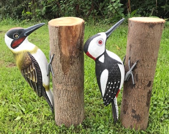 Hand carved and painted wooden Woodpecker Statue Ornament Gift feature on log lesser spotted green woodpeckers