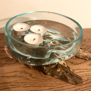 Molten Glass on Teak Root Ornament Open Bowl Statue Gift Vase Trinket