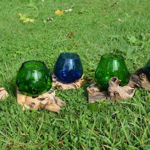 Blue or Green Molten Glass on Teak Root Ornament Bowl Statue Gift Vase Trinket