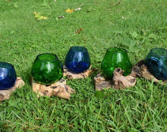 Vidro fundido azul ou verde em raiz de teca ornamento tigela estátua presente vaso berloque