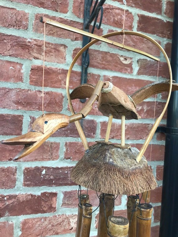 Móvil De Viento De Dragón Hecho A Mano - Bambú Y Coco, Decoración Para Jardín, Balcón O Terraza (29x17 Cm)