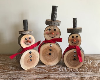 Set of 3 handmade wooden snowman log Christmas wood natural decorations carving festive