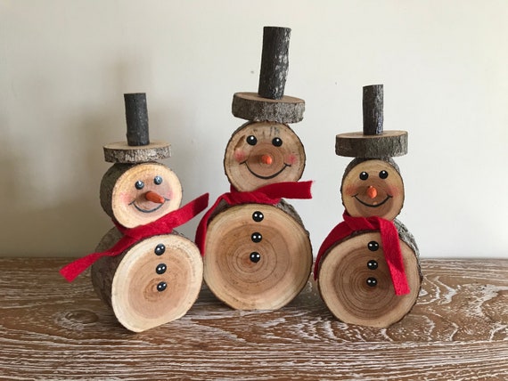 Set of 3 Handmade Wooden Snowman Log Christmas Wood Natural