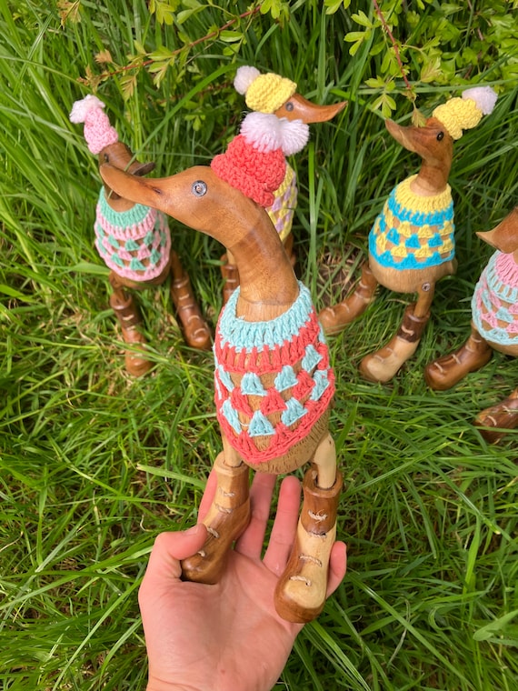 Crochet Hat and Jumper Hand Carved Bamboo Wooden Duck Indoor