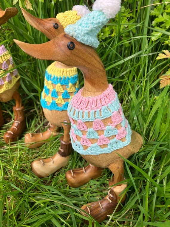 Crochet Hat and Jumper Hand Carved Bamboo Wooden Duck Indoor