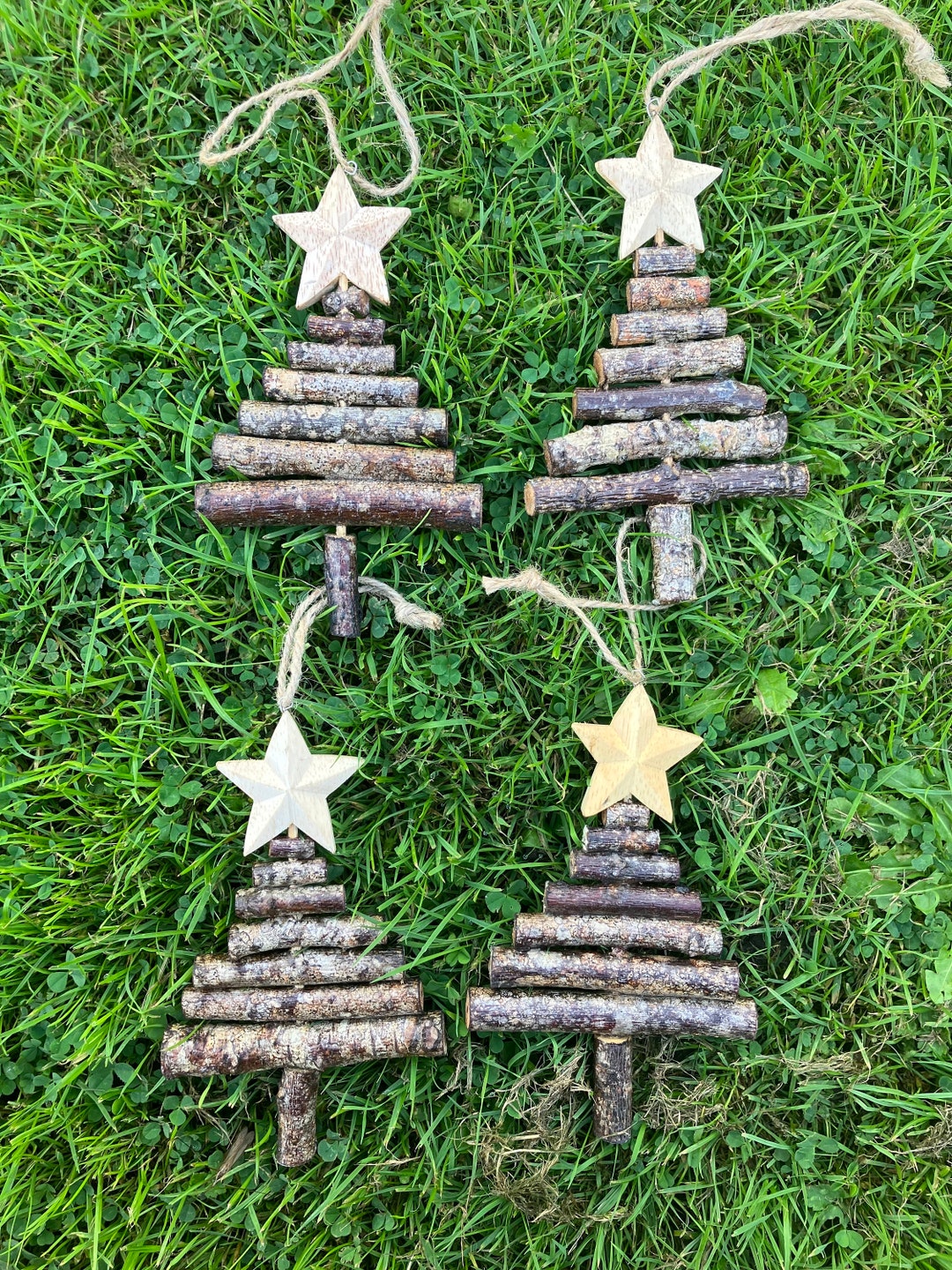 Set of 4 Hanging Christmas Tree Decorations Wooden Log Natural Etsy UK