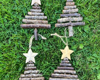 Set of 4 hanging Christmas tree decorations wooden log natural handmade tree star