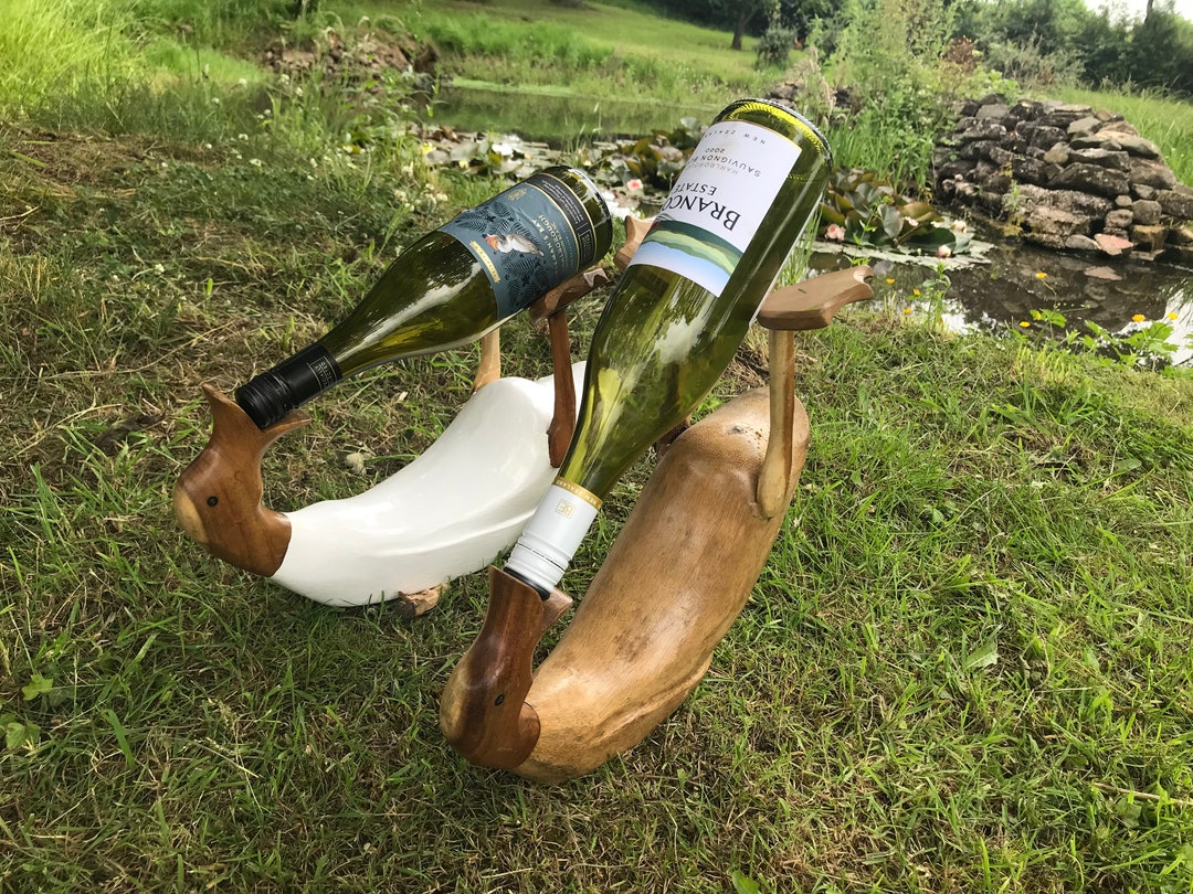 Drunk Duck Wine Holder Natural and White Bamboo Natural Hand Carved