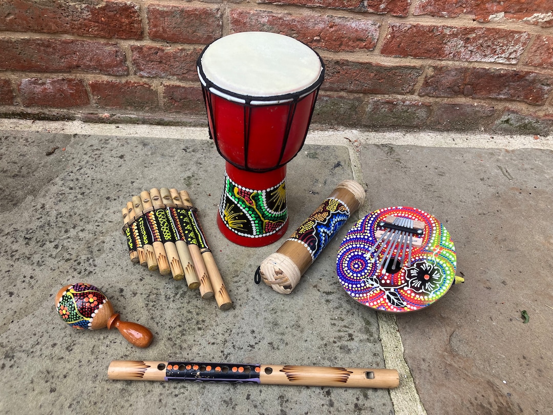 6 Piece Music Set! African Instruments Kalimba Bongo Drum Flute Pan ...