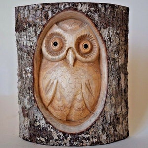 Half Log Hand Carved Owl Wood Tree Stump Bird