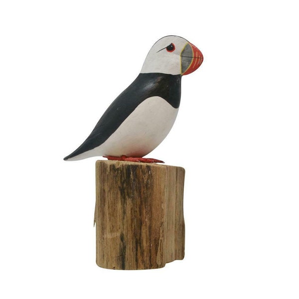 Hand carved and painted wooden Puffin Statue Ornament Gift feature on log