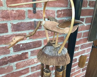 Carillon éolien en bois fait main en bambou et noix de coco, canard volant, oiseau carillon mobile pour jardin