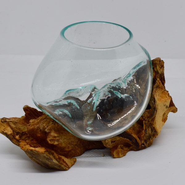 Molten Glass on Teak Root Ornament Bowl Statue Gift Vase Trinket