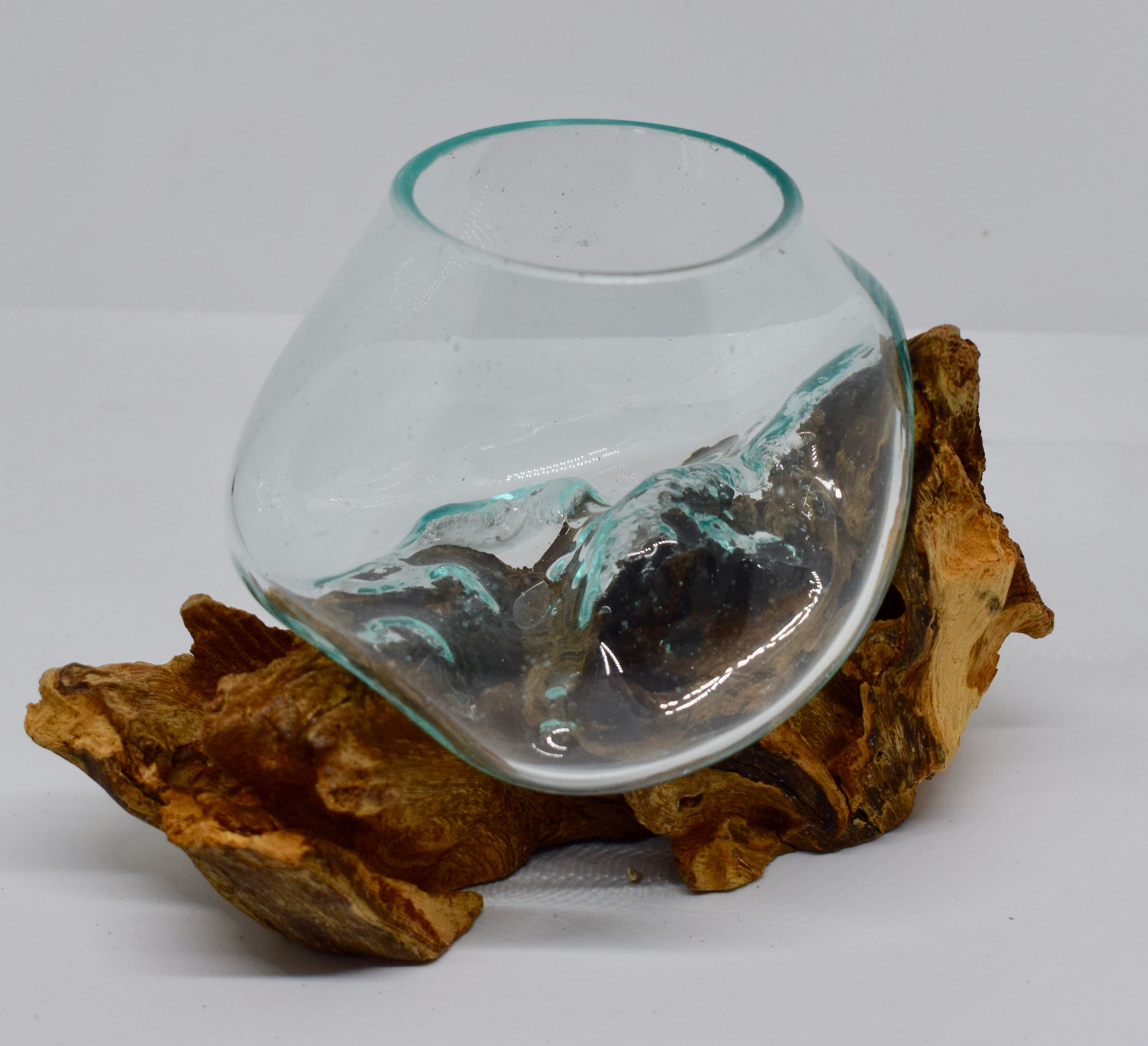 Geschmolzenes Recyclingglas auf Teakwurzel Ornament Schale Statue Geschenk Vase Schmuckstück