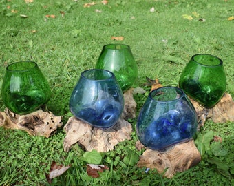 Vidro fundido reciclado azul ou verde em raiz de teca ornamento tigela estátua presente vaso berloque