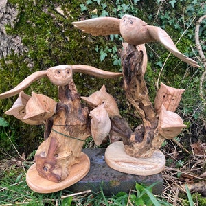 Hand carved Flying wooden Owl Statue and baby owls Ornament Gift feature on log