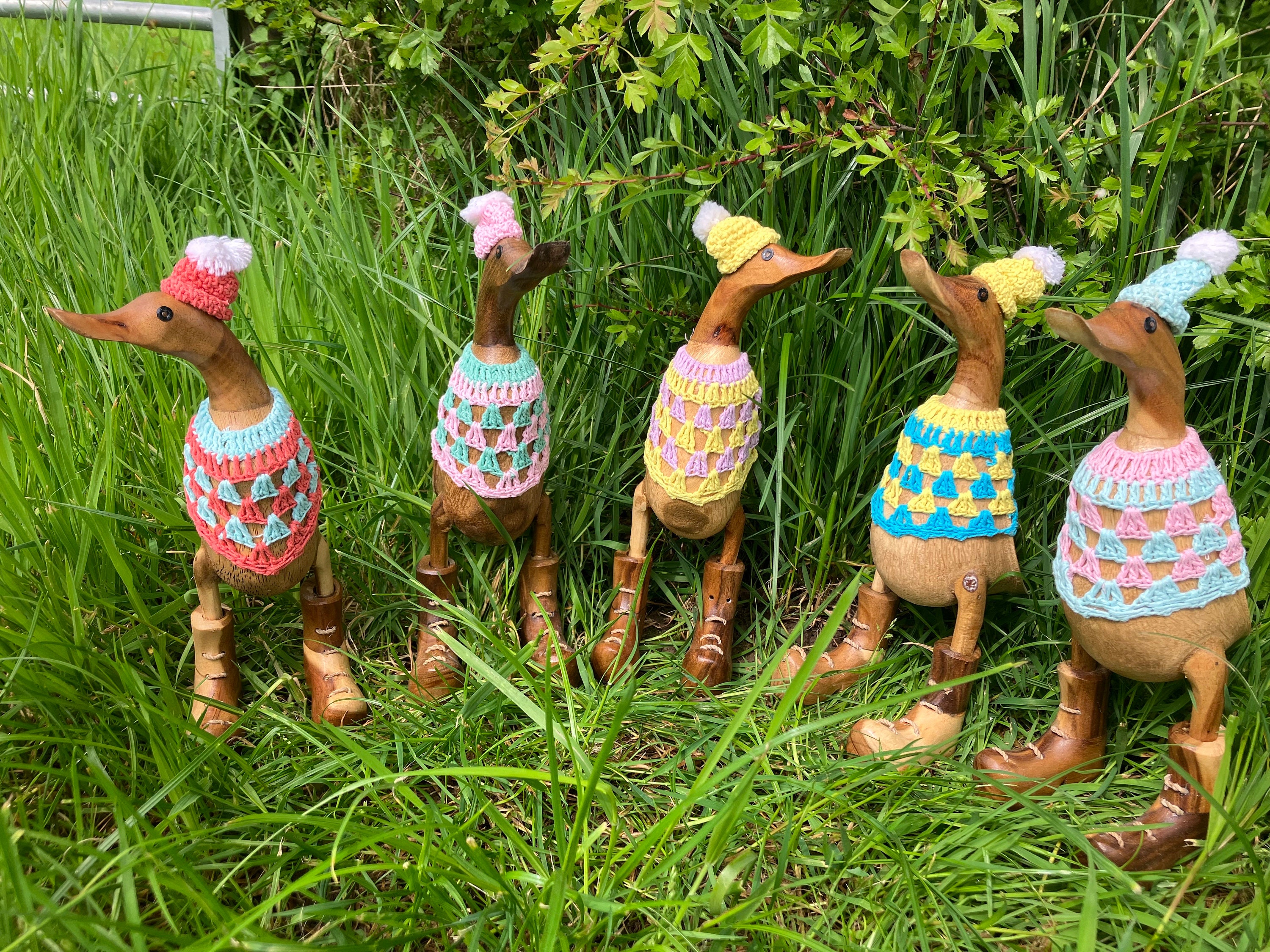 Crochet Hat and Jumper Hand Carved Bamboo Wooden Duck Indoor