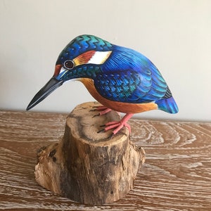 Hand carved and painted wooden Kingfisher Statue Ornament Gift feature on log
