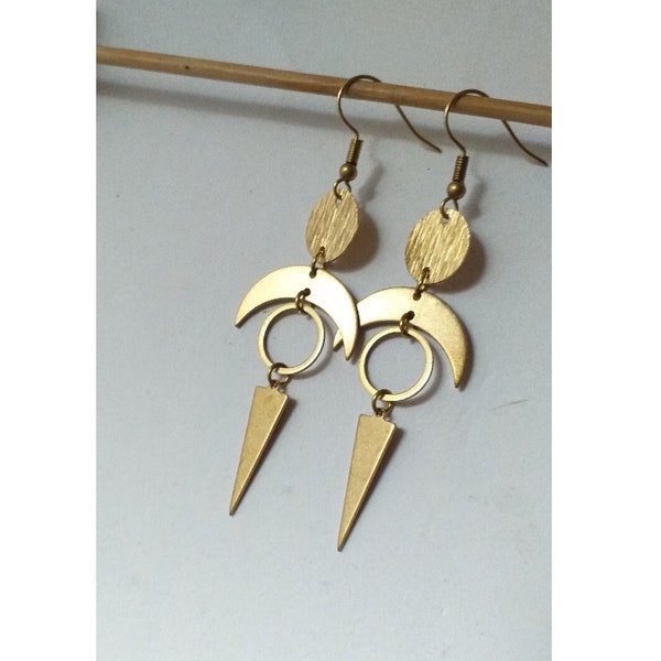 Geometric boho earrings, moon and triangle earrings, gold brass bijoux made in France,  gift for her birthday