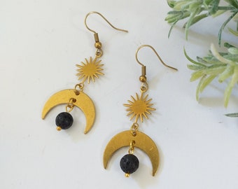 Sun & Moon Semi-precious Lava stone earrings | Gothic halloween earrings | Gift for her | Volcanic Black Stone | Witchy Boucles d'oreilles