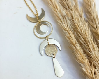 Phases of the Moon Necklace, Brass gothic Witch Jewelry