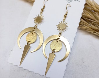 Witchy Sun and Moon messing oorbellen | Lange gotische hemelsieraden
