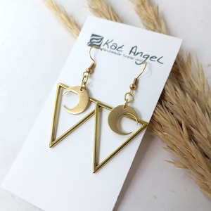 Gothic crescent moon triangle earrings, witchy silver tarot earring, party halloween gift, goth gift for him, tribal symbol earring for her