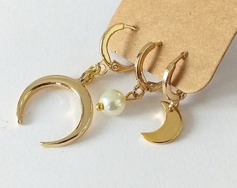 Mini hoop Moons & Pearl Earrings / Witchy earrings / Gift for her / Layering  Best friends Gift / Moon phases earrings / Wiccan symbols