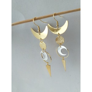 Boucles d'oreilles phases de lune en mélange de métaux, or et argent, bijoux de sorcière bohème céleste, cadeau d'anniversaire pour elle, boucles d'oreilles pour femme