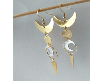 Mixed metal gold silver moon phase earrings, celestial boho witchy jewelry, birthday gift for her, earrings for women