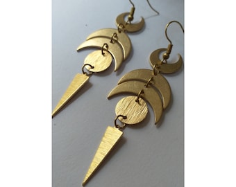 Maanfasen hemelse lange koperen oorbellen, grote oorbellen heksenverklaring, volle maan wassende maan speeroorbel, alchemie gotische boho-sieraden