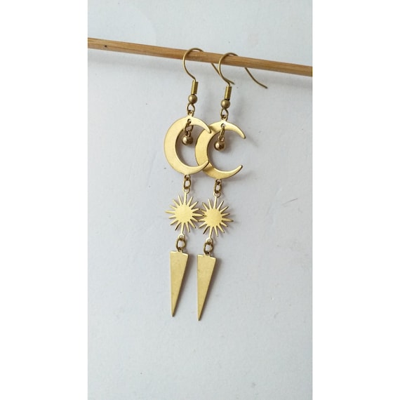 New celestial witchy earrings, bohemian moon jewelry, sun moon and triangle long earrings, birthday girl gift for her