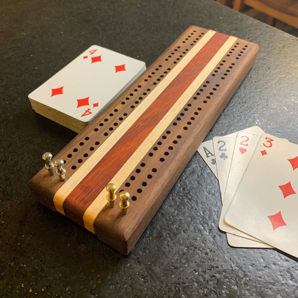 2 Player Cribbage Board, Made from Walnut/Maple/Paduak, 2 track, Travel size, Metal Pegs, Peg storage, Handmade in Oregon, Gift, engrave