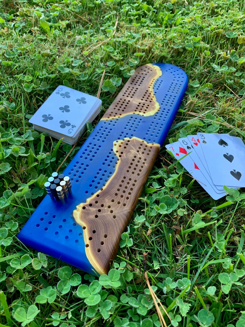 Live edge Epoxy Cribbage Board Iridescent Blue Handmade Etsy