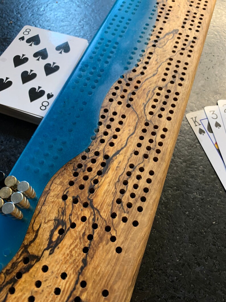 Live Edge Spalted Oak Epoxy Cribbage Board Bora bora Blue Etsy