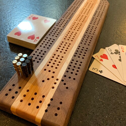 3 Player Cribbage Board - Walnut, Maple, Cherry - top Personalize - Handmade in Oregon - Comes with Pegs - Oregon made - Gift - Peg Storage