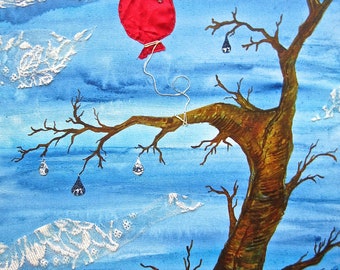 Mixed Media Collage Print of an Original | "When We" | Blue Sky, Red Balloon, Tree Art Print
