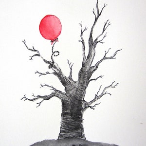 Neelu Tree & Balloon Print |  Mixed Media Drawing/Painting | Watercolour and Charcoal Illustration Print | Print of an Original