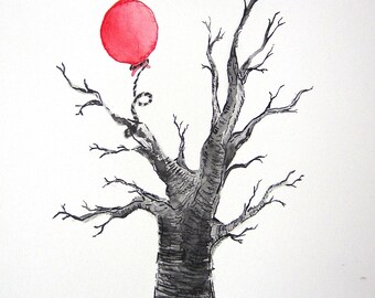 Neelu Tree & Balloon Print |  Mixed Media Drawing/Painting | Watercolour and Charcoal Illustration Print | Print of an Original