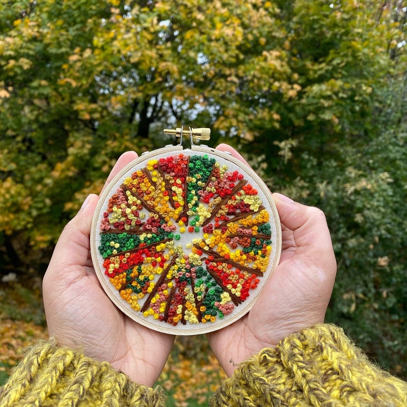 Fall Forest Embroidery Autumn Trees Needlepoint Handmade Thanksgiving Decor Fall Leaves Embroidery image 1