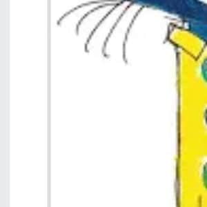 May include: Illustration of a blue cat with yellow eyes, wearing yellow pants with green polka dots and a red sneaker with white laces. The cat's head and one leg are visible.